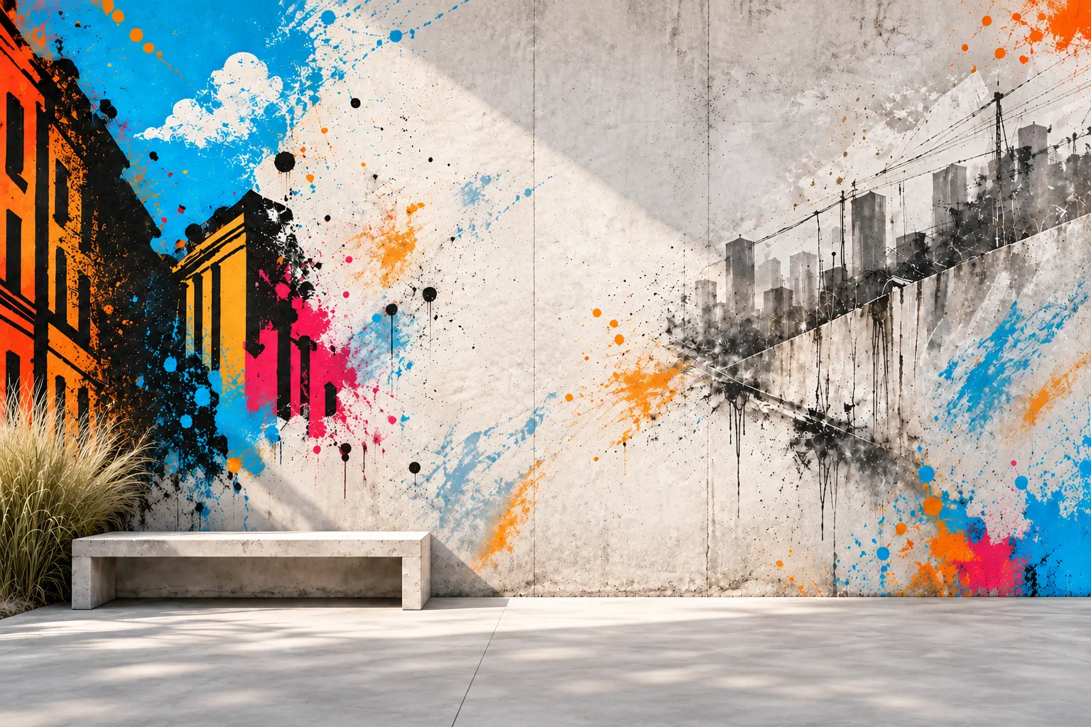 Colourful street-art mural with painted city buildings and a concrete bench